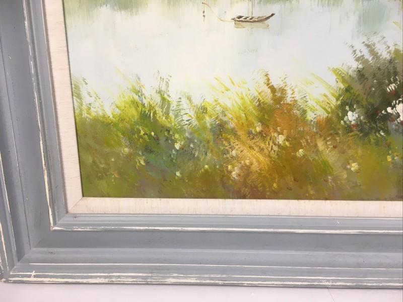 Oil Painting Stretch Canvas 32 13/16”W x 28 13/16”H Landscape Boat Grass-Angela gallery