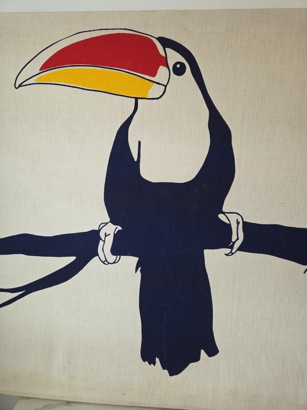 Vintage Marushka Canvas Screen Print Toucan On Branch 26 X 26 1970s Signed gallery