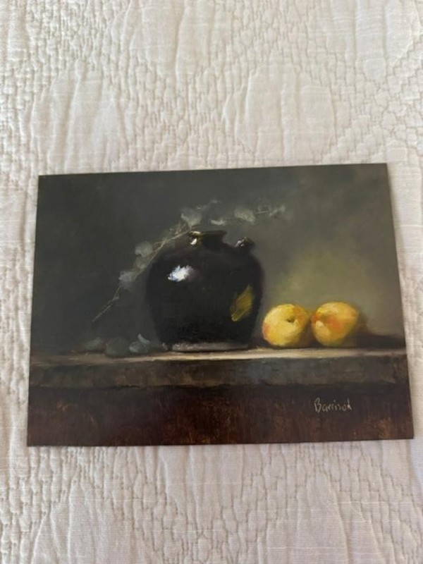 BLACK OIL JUG WITH FRUIT OIL Painting Art Floral Still Life 6X8