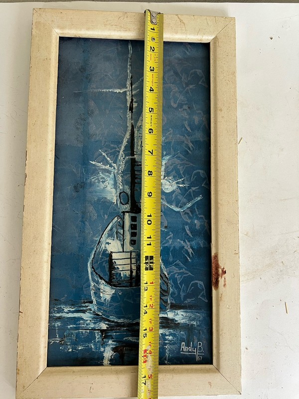 VTG MCM Signe 1967 ANDY B Blue Abstract Fish Ship Vessel Thick Palette Oil Paint gallery