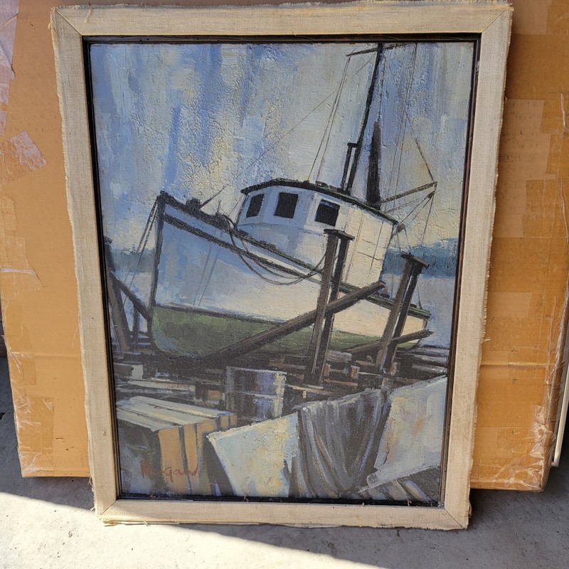 Ship On The Ways Harbor Scene Drydock 27" x 21" Impasto Oil Signed Morgan NICE! gallery