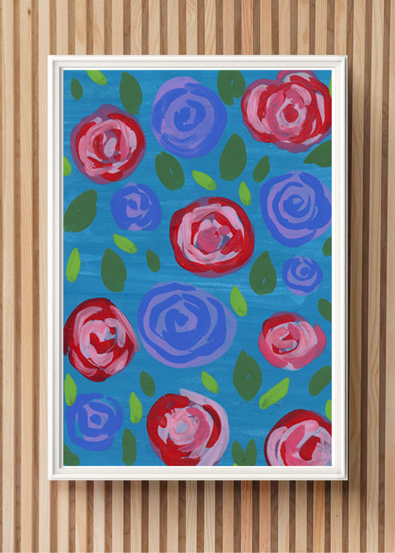 ACEO Art Trading Card Red and Blue Roses Acrylic OOKA Original Painting