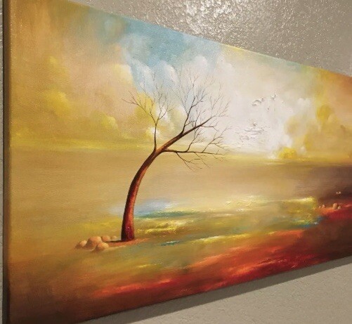 ORIGINAL YELLOW GOLD HAND PAINTED TREE LANDSCAPE ACRYLIC PAINTING ON CANVAS gallery