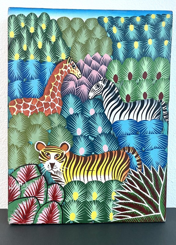 HAITIAN CHILDRENS FOLK ART~OIL~JUNGLE SCENE~TIGER~GIRAFFE~ZEBRA~W.METOR~12x16 gallery