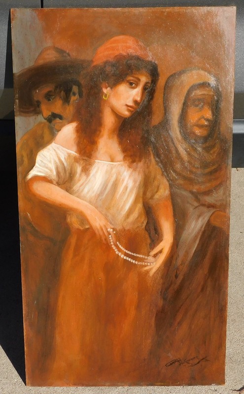 VIntage oil painting circa 1900 signed mystery artist, woman with pearls gallery