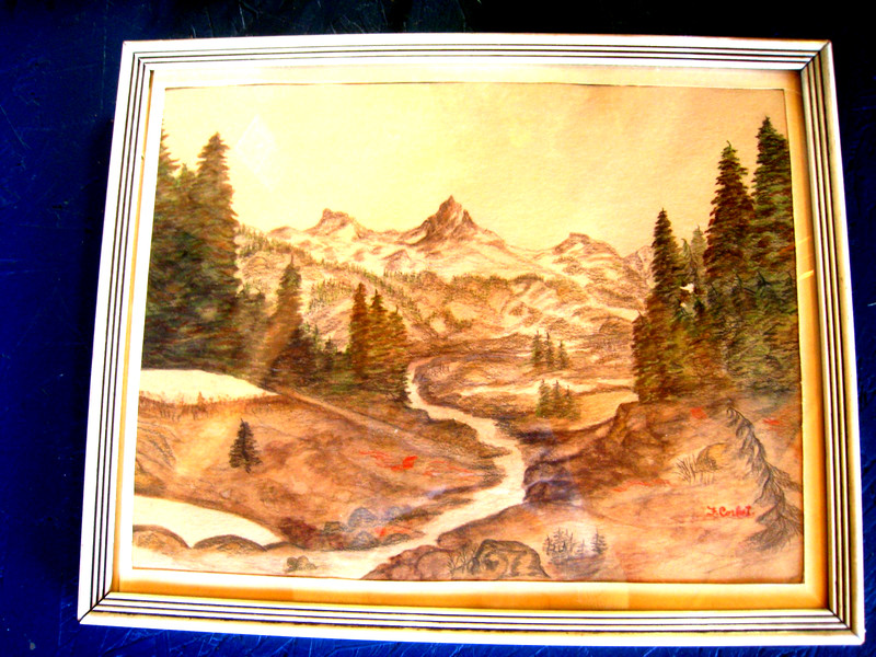 VTG Wood Framed Charcoal Painting Mountain Landscape Signed F. Corbet 15 x 12