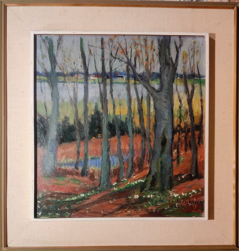 Gideon Isaksson (1911-1980): LAKE BEHIND TREES, original oil painting