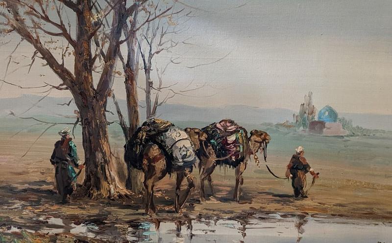 BEDOUINS AND CAMELS OIL ON CANVAS PAINTING SIGNED MANOUD MIDDLE EASTERN ART