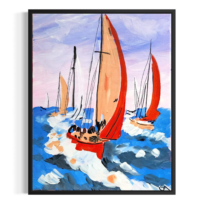 Original Abstract Sailboat 11×14 Regatta Painting Multicolor Wall Art Canvas