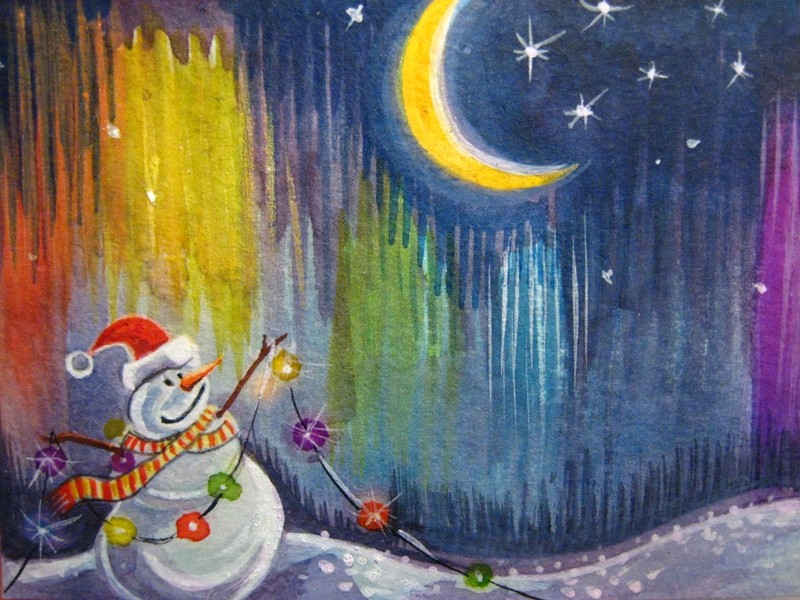 Painting Snowman Snow Winter Christmas Rainbow Northern Lights Nature ACEO Art .