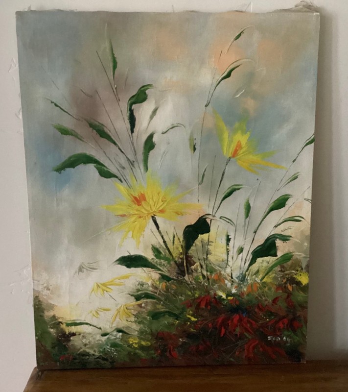Original MCM Impressionist Floral Oil Painting by S. Colby