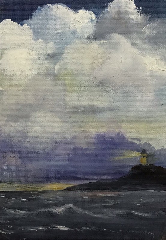 Original Oil Painting on Canvas Panel Lighthouse Stormy Seascape Unframed 5×7
