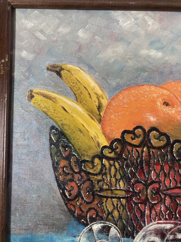 Vintage Original Oil Painting on Canvas -Still Life Wine Cheese -Signed 1980's gallery