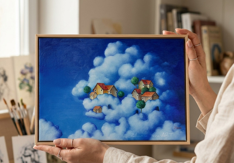 ORIGINAL Oil PAINTING Fantasy ART cozy houses on clouds FAIRY SURREALISM DREAM