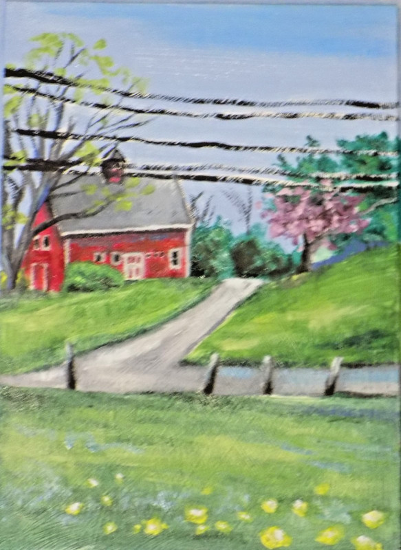 original oil painting barn landscape near the park countryside road signed