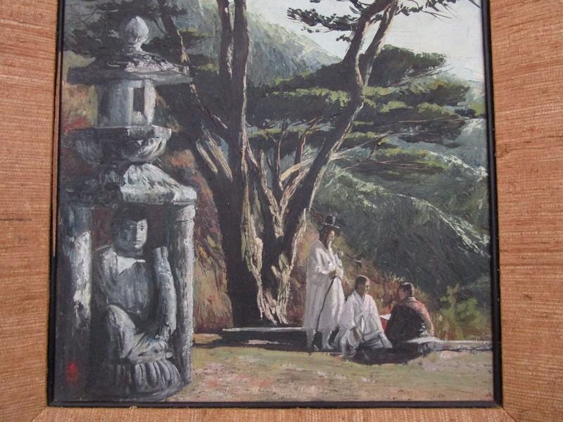 VINTAGE FINE OIL PAINTING TEMPLE ICONIC CHINESE SCHOLAR IMPRESSIONIST LANDSCAPE gallery
