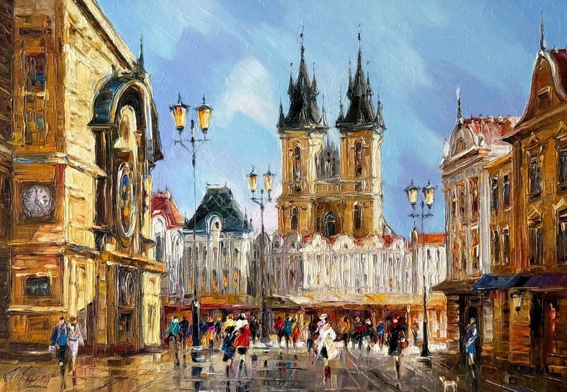 Prague painting oil on canvas Cityscape Kal Gajoum style Post Impressionism