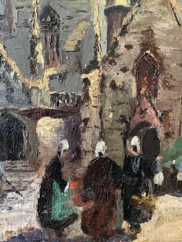 ANTIQUE IMPRESSIONISM BRETON WOMEN IN FRONT OF THE CHURCH FRENCH OIL PAINTING gallery