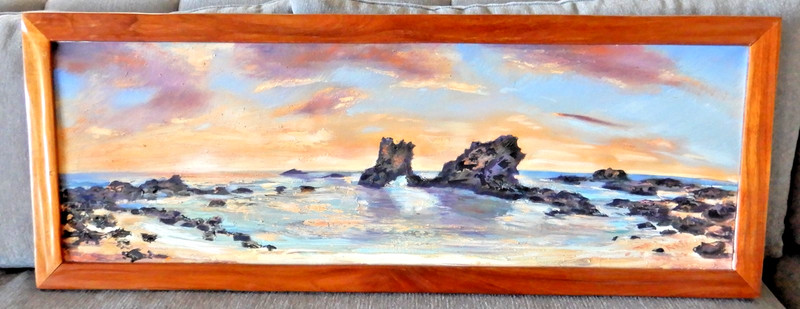 ALEXANDER ROKOFF Original Hawaiian Oil on Canvas, Koa Wood Frame =14″ x 38″