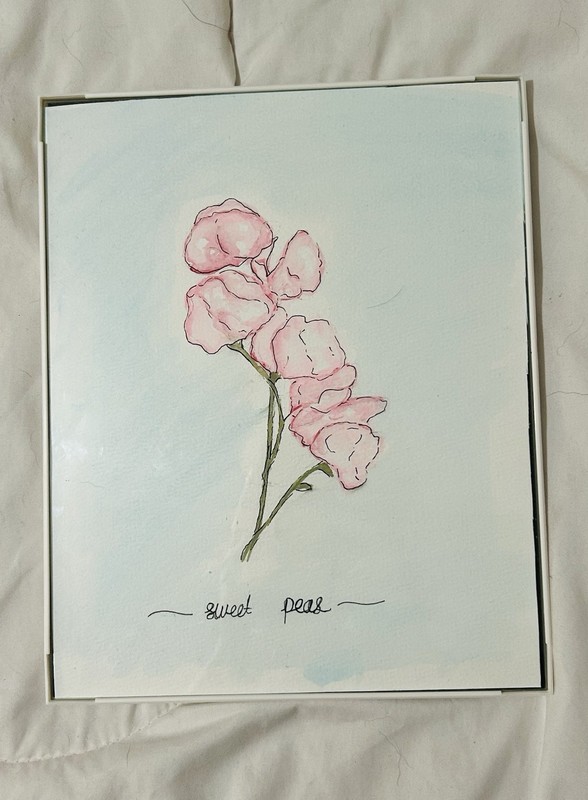 Framed Watercolor Art Sweet Pea Flower Portrait Original