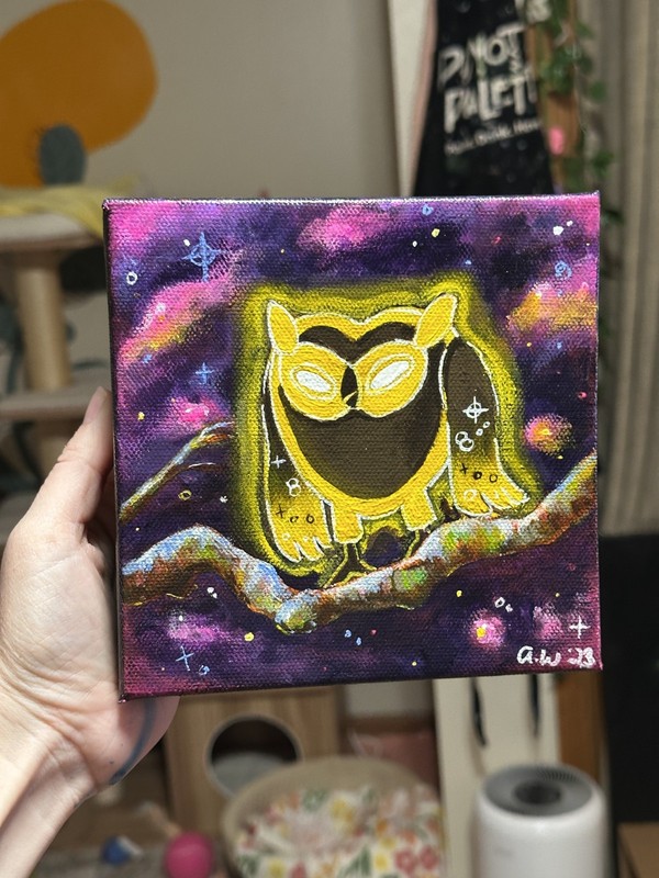 Original Painting, Cosmic Owl, Adventure Time Cartoon Art, 6x6 Canvas Unframed gallery