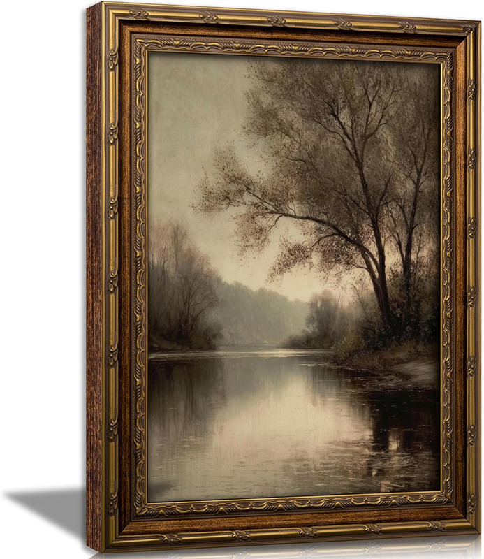 Vintage Gold Framed Landscape Wall Art, River Painting Picture |