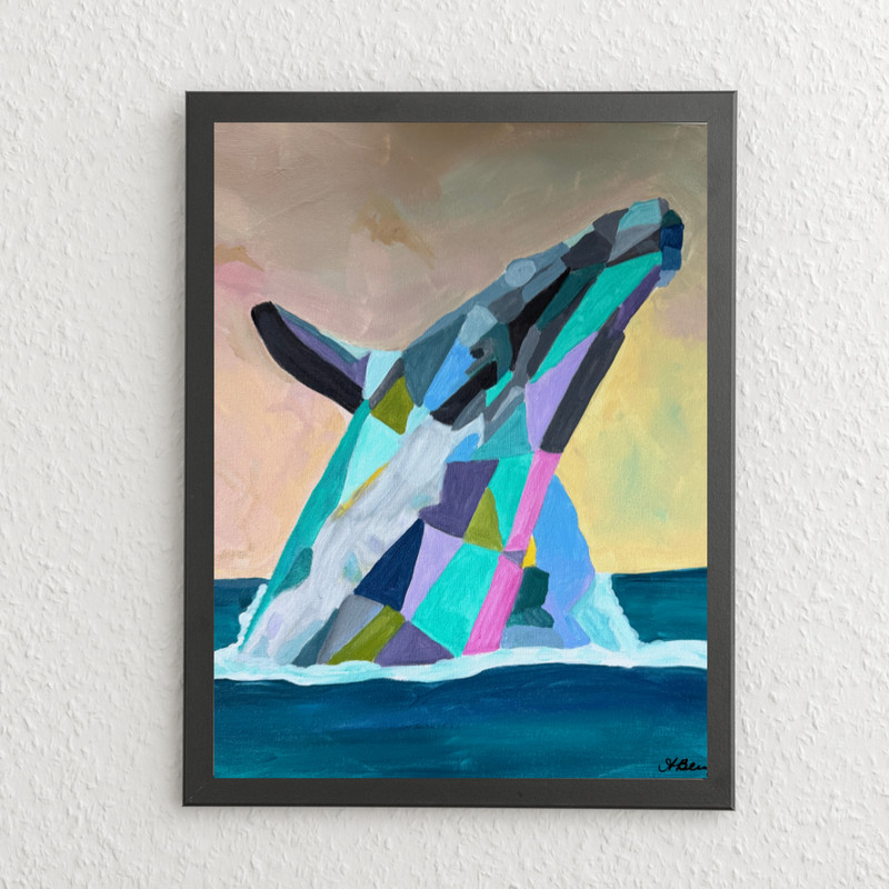 Abstract Original Painting Living Room Wall Art 11×14 Canvas – Geometric Whale