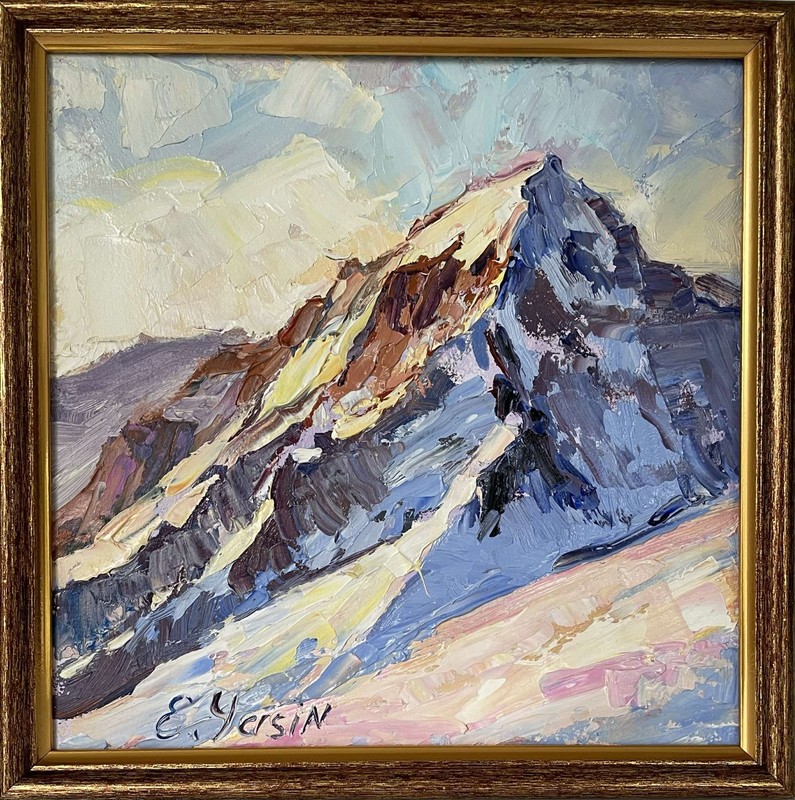 Original oil painting Sunlit Mountain Peak Textured Alpine Landscape Art 8x8 gallery