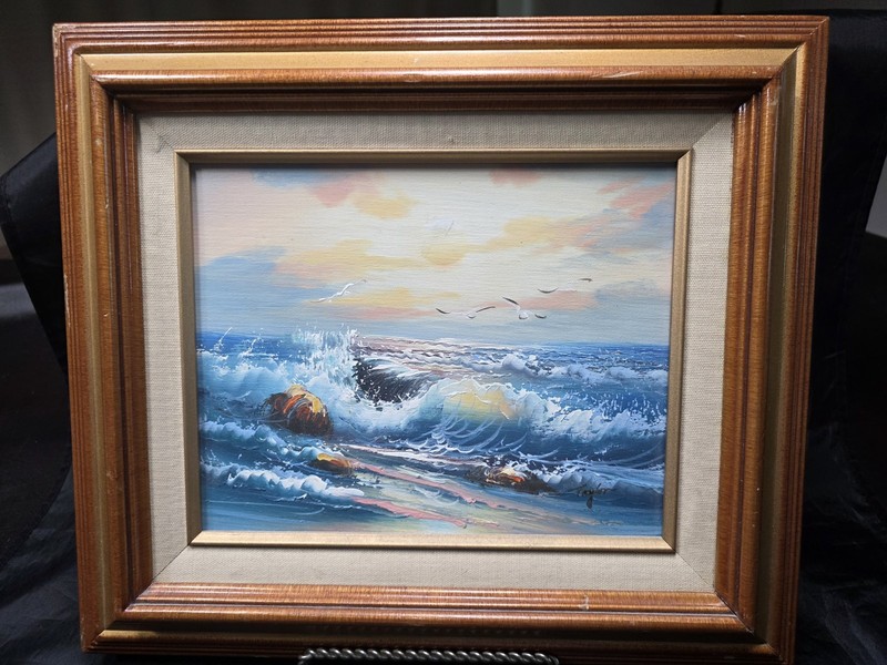 Original Oil Framed Artist Signed Painting Seascape Crashing Waves Birds Sunset