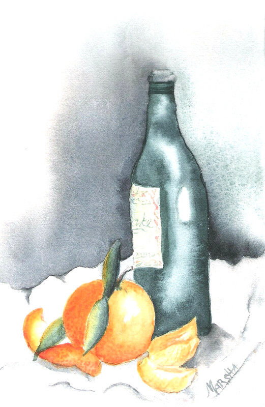 ART WATERCOLOR STILL LIFE WITH ORANGE GREEN BOTTLE
