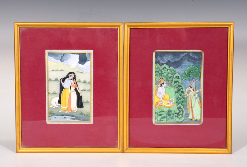 Pair Of Indian Painted Krishna Abhisarika, Kangra Miniature Painting On Stone