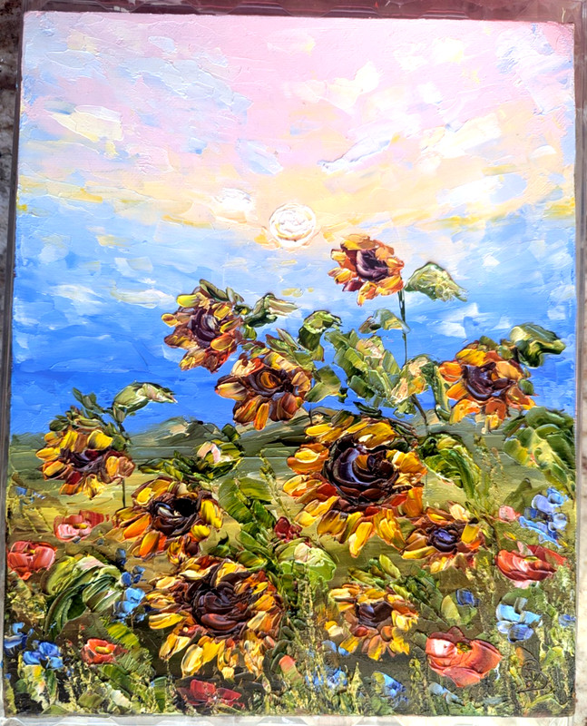 ORIGINAL OIL impasto Painting Sunflowers and Wild Flowers 10″x8″ by Olga Diduh.