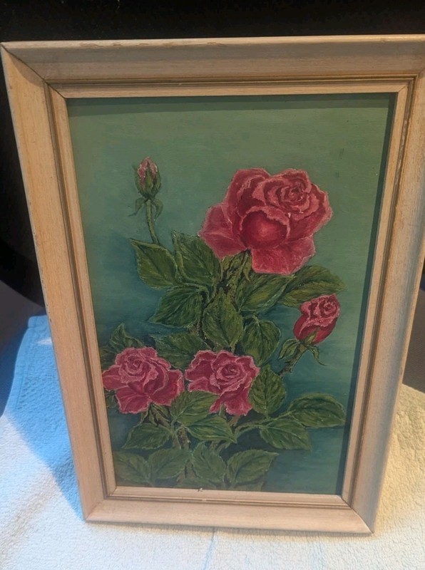 Vintage Framed Rose Painting on Board Charming Floral Signed gallery