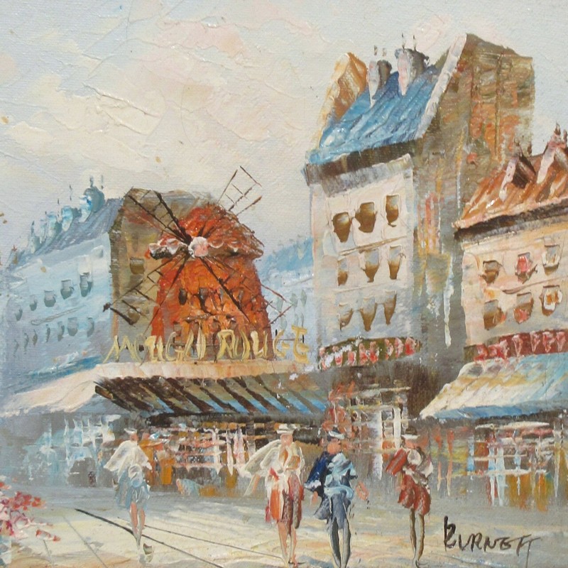 Vintage French Oil Painting, Paris, Moulin Rouge, Pigalle, Women, Signed Burnett gallery