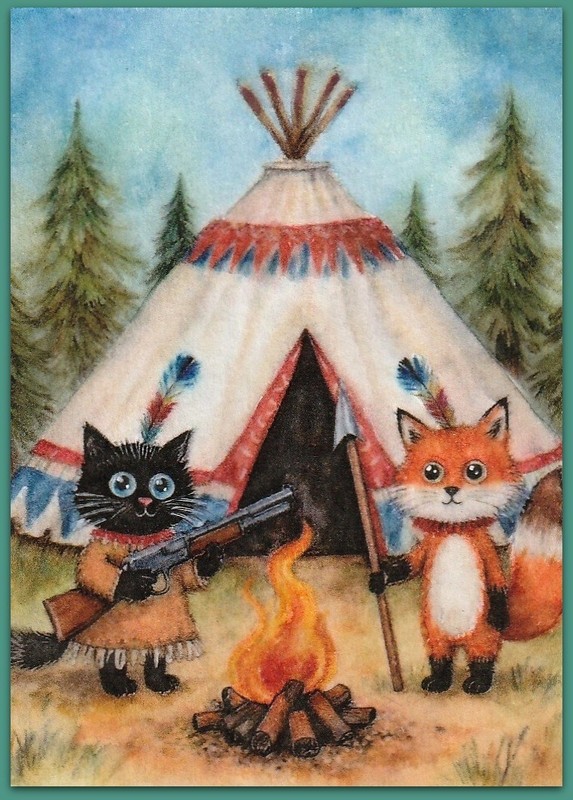 ACEO 2.5x3.5 watercolor painting - lot 1 - cat kitten fox cute cozy tale gallery