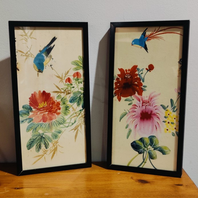 Vintage MCM Chinese Bird & Flower Silk Art Paintings Framed Set Signed Chunguang
