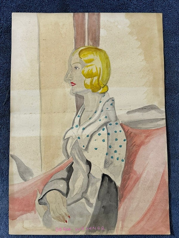 Gerda Wegener drawing and painting on old paper signed stamped vintage