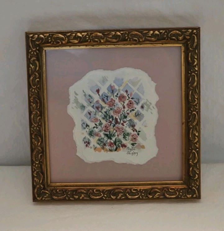 Vtg Goldtone Framed Watercolor Lattice Pink Blue Floral Unsigned Phyllis Shipley