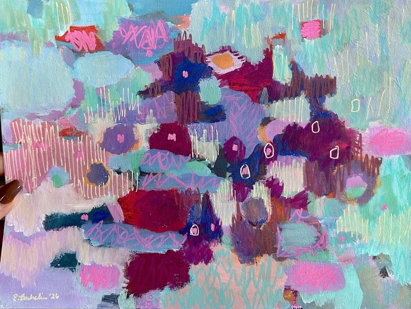 Emilia Bachelier Pink Abstract Painting 9×12” Original on Paper