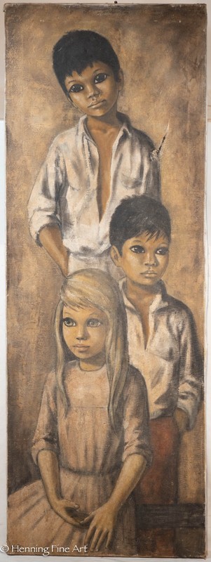 Mid Century Oil Painting Three Children with Big Eyes by Mark Gilbert 50×18″