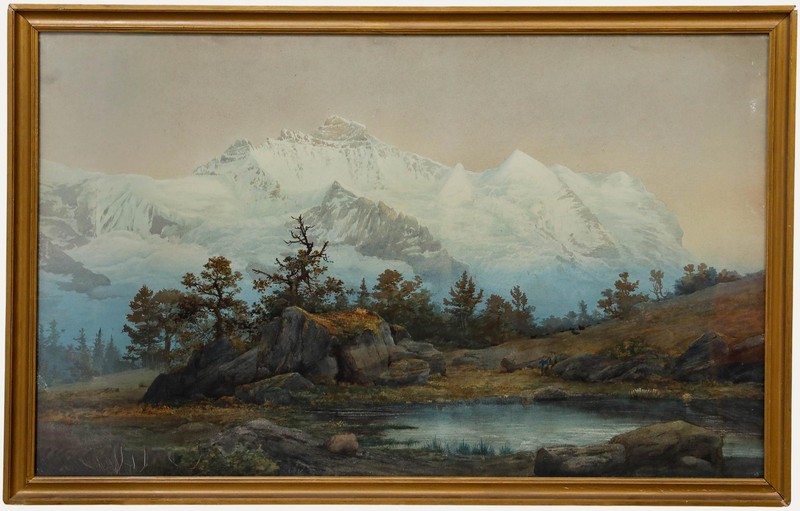 Framed Late 19th Century Watercolour – Swiss Mountain Landscape