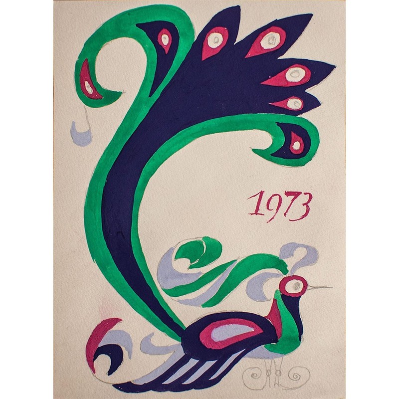 Gerhard Kersch New Year Graphic Peacock East German Art Unsigned Gouache 1973