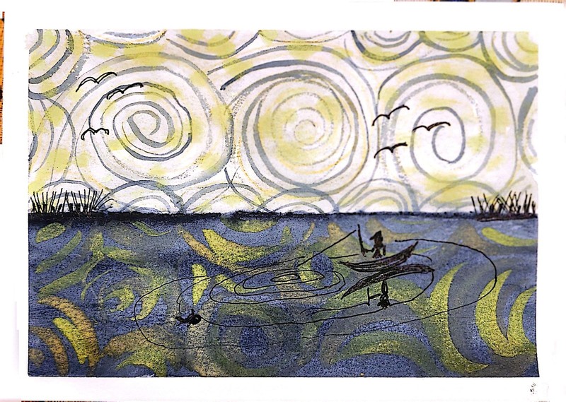 Gone Fishing ColorfulOriginal 5×7 Watercolor Painting Signed Wall Art Home Decor