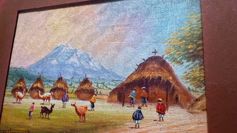 Miniature Andean Village Oil Painting Peru Folk Art Llamas Mountain Scene gallery
