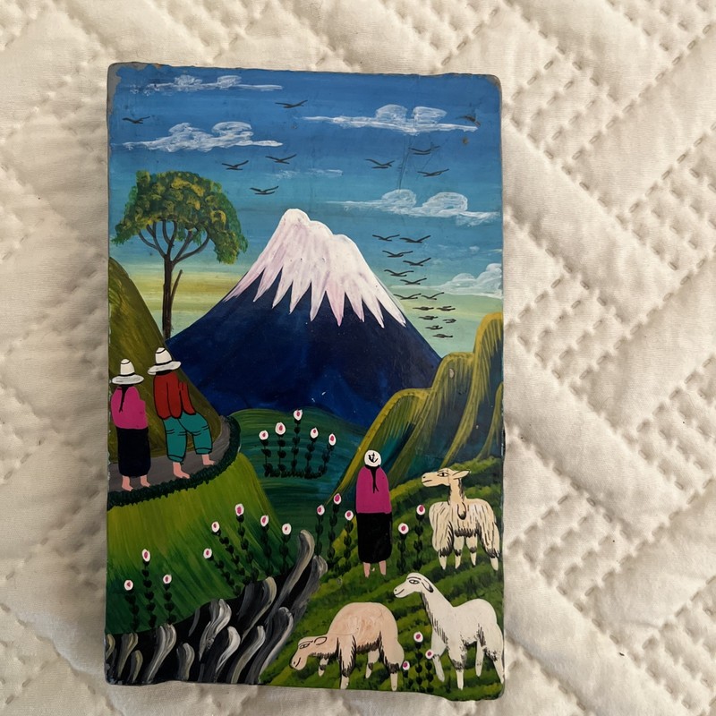 Vintage Folk Art Painting on Sheepskin Leather Tigua Ecuador Signed