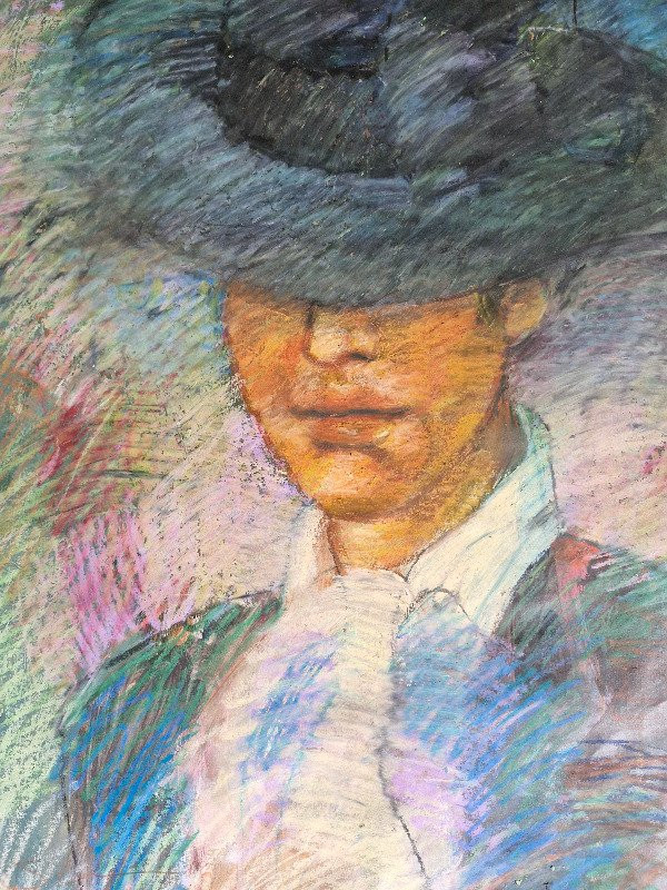Hugo Sbernini – Obra original (tecnica mixta) – Mujer con sombrero (1986)