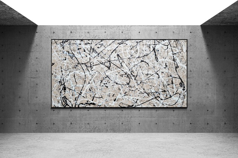 XL Neutral Abstract Painting Sand Black White Pollock Style Canvas Art gallery