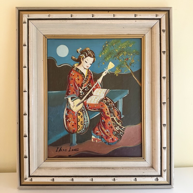 Vintage MCM Chao Lang Japanese Geisha Oil Painting Framed Mid Century Modern Art