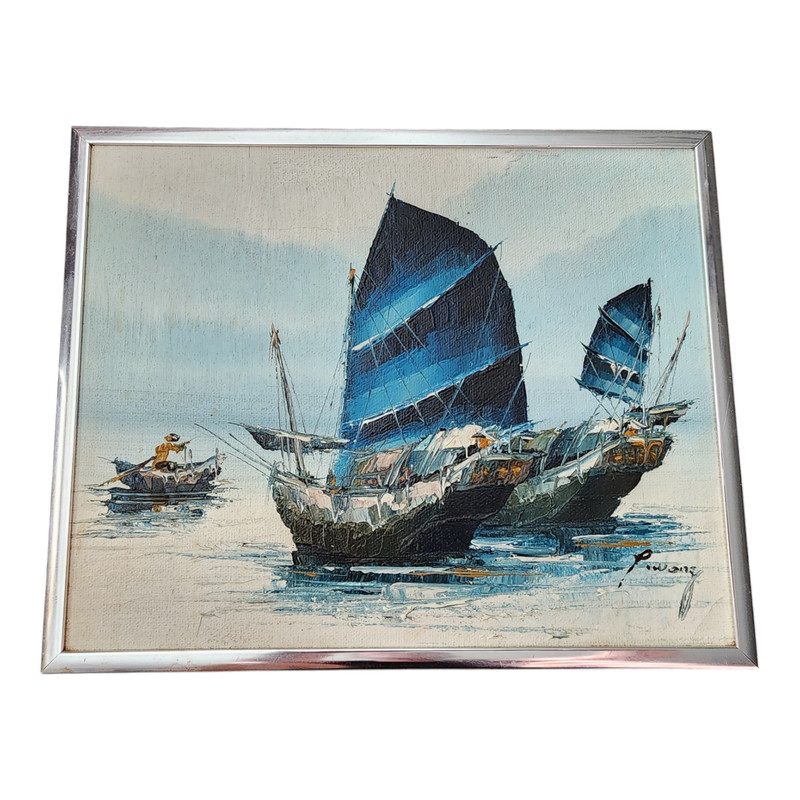Vintage P. Wong Oil Painting Sailboats At Sea w/Certification Number Paper Work