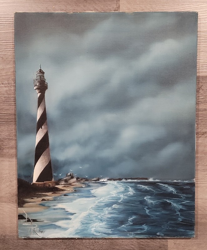 VTG «Cape Hatteras Lighthouse» Oil on Canvas 20″×16″ Signed D Ross 10/4/67